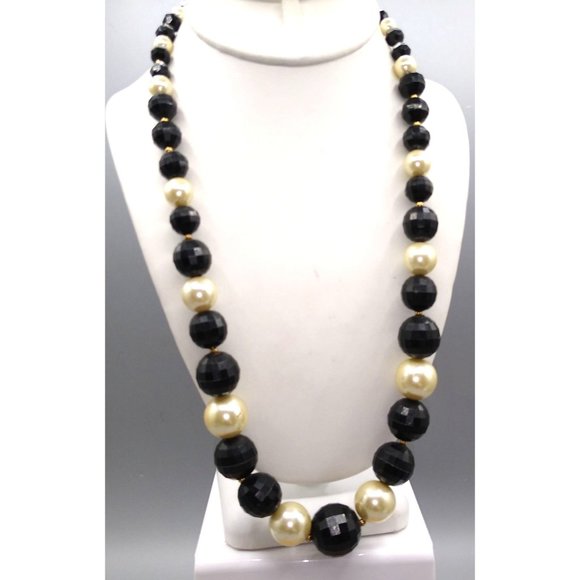 Jewelry - Black and White Beaded Graduated Necklace, Faceted Black Plastic Beads and Faux